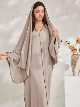 Najma Женская однотонная свободная прямая турецкая рубашка с v-образным вырезом и рукавами «летучая мышь» и длинными рукавами Shein, хаки