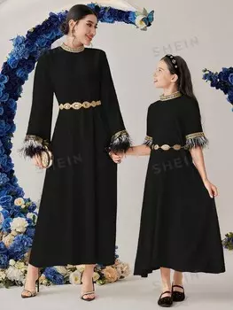 Najma Женское элегантное длинное вязаное платье с тканым поясом и меховыми манжетами Shein, черный