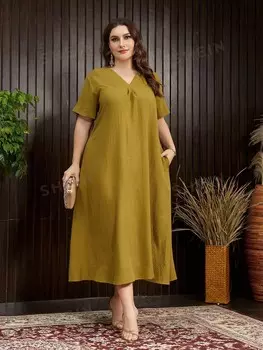 Najma Женское платье больших размеров, Однотонное, V-образный вырез, короткие рукава Shein, зеленый