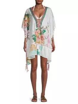 Накидка-кафтан с помпонами и цветочным принтом Ranee's White