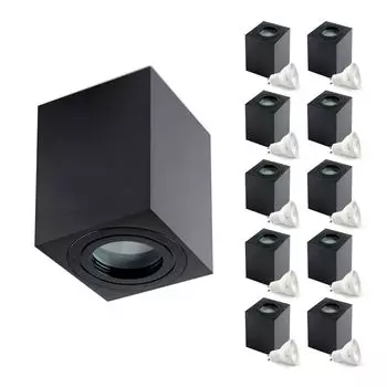 Накладной точечный светильник ВОДОЛЕЙ потолочный ПРЯМОУГОЛЬНЫЙ форма цвет ЧЕРНЫЙ алюминий IP44 для кухонь, ванных комнат водонепроницаемая точечная лампа GU10 LED 6500K (лампочка холодного белого света, 10 шт. в упаковке) KOBI