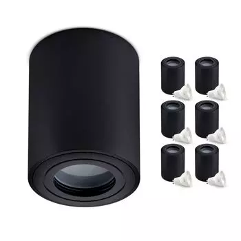 Накладной точечный светильник ВОДОЛЕЙ потолочный светильник КРУГЛОЙ формы цвет ЧЕРНЫЙ алюминий IP44 для кухонь, ванных комнат водонепроницаемый точечный светильник в комплекте с лампочкой 6500К (лампочка холодного белого света, 6 шт.) KOBI