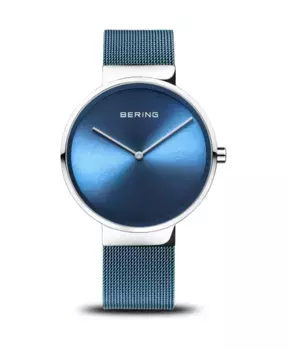 Наручные часы классический серебристый блестящий браслет из нержавеющей стали и сапфировое стекло 14539-308 Bering, синий