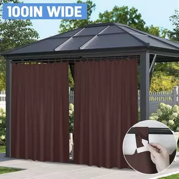 Наружная штора, непроницаемая для атмосферных воздействий с петлевой шторой, 254 x 244 см, очень широкая штора, непрозрачная ширма для балконной беседки, серая, 1 шт. Qelus, коричневый