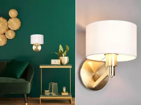 Настенный светильник с 1 лампочкой из матовой латуни с тканевым абажуром TRIO