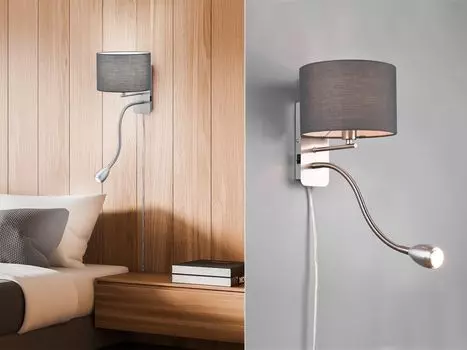 Настенный светильник Trio HOTEL с лампой для чтения и серым тканевым абажуром