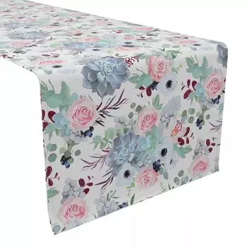 Настольная дорожка, 100 % хлопок, 16x108 дюймов, розовые розы и суккуленты.