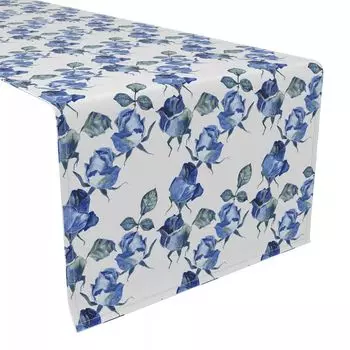 Настольная дорожка, 100 % хлопок, 16x72 дюйма, синие акварельные розы.