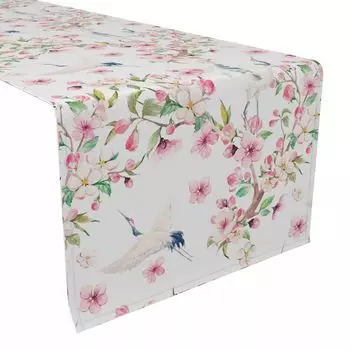 Настольная дорожка, 100 % хлопок, 16x90 дюймов, журавли и розовые цветы.