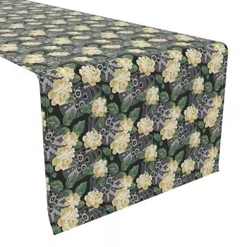 Настольная дорожка, 100 % полиэстер, 12x72 дюйма, белая роза и лица черепа.