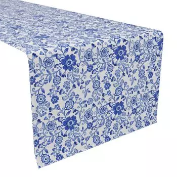 Настольная дорожка, 100 % полиэстер, 14x108 дюймов, акварельные цветы на лозах синего цвета.