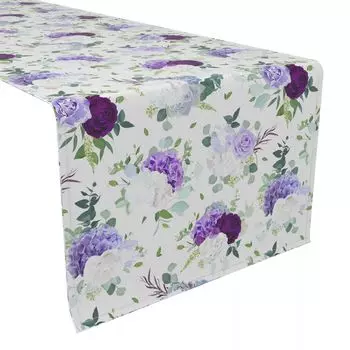 Настольная дорожка, 100 % полиэстер, 14x108 дюймов, фиолетовые и белые гортензии.