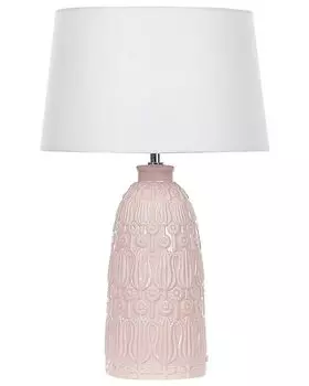Настольная лампа BELIANI с керамическим основанием розового цвета 56 см, цветочный мотив, длинный кабель с выключателем, абажур из хлопка/джута в белой гостиной, спальне, белый