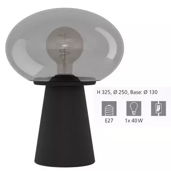 Настольная лампа MADONNINA черная сталь, серое стекло E27 1X40W В:32,5см 25см с кабельным выключателем EGLO