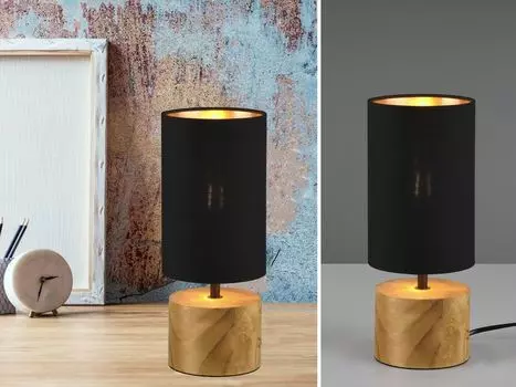 Настольная лампа Reality Leuchten Woody R50171980, черный матовый металл, деревянное основание, белый тканевый абажур, без 1x E27.