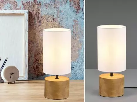 Настольная лампа WOODY на деревянном основании с тканевым абажуром белого цвета 12см, высота 30см Reality Leuchten