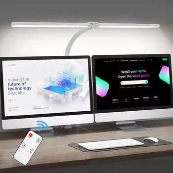 Настольная светодиодная лампа 24 Вт, зажимная лампа с двойной головкой, светодиодная настольная лампа с регулируемой яркостью, современная рабочая настольная лампа с пультом дистанционного управления и адаптером, белая SERBASIC, белый