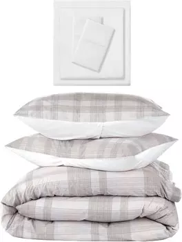 Nate Home m Дизайн Нейта Беркуса 250TC Комплект пододеяльников в клетку Glen | Простыни из хлопкового перкаля 200TC из 4 предметов от m Design — полный размер/размер Queen