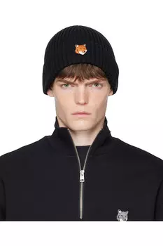 Натуральная шапка с лисьей головой Maison Kitsun, черный