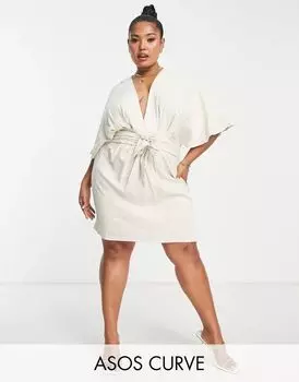 Натуральное льняное платье мини с рукавами «летучая мышь» ASOS DESIGN Curve