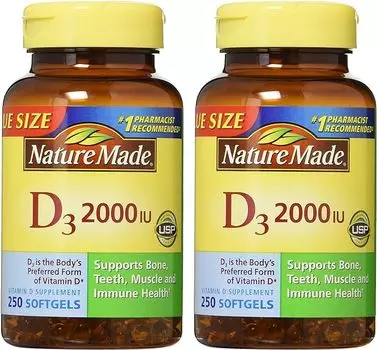 Nature Made, Жидкие мягкие таблетки с витамином D3, 2000 МЕ, 250 штук (2 шт. в упаковке)