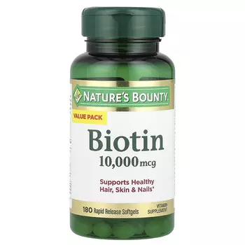 Nature's Bounty, Биотин, 10 000 мкг, 180 мягких таблеток с быстрым высвобождением