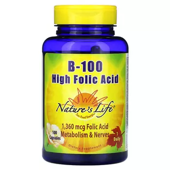Nature's Life, B100, высокий уровень фолиевой кислоты, 1360 мкг, 100 капсул