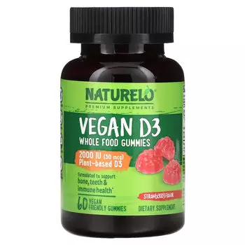 NATURELO, Веганские жевательные мармеладки из цельных продуктов D3, клубника, 1000 МЕ (25 мкг), 60 веганских жевательных мармеладок