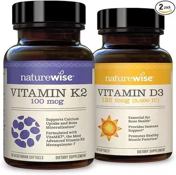 NatureWise Витамин K2 + Витамин D3 5000 МЕ (запас на 3 месяца — 90 мягких таблеток в бутылке)