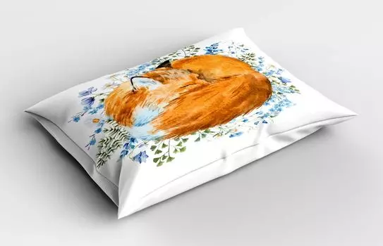 Наволочка ABAKUHAUS Fox, Спящая лиса, акварель, нарисованная вручную свежая цветочная графика с дикими цветами, 40x80 см, Оранжево-синий, Оливково-зеленый