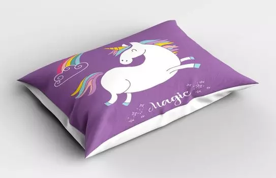 Наволочка ABAKUHAUS Unicorn, Мифическое животное с облаками и радугой, рисунок феи, милый единорог, 40x80 см, Лавандовый белый