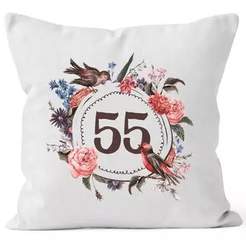 Наволочка на день рождения 55 пятьдесят пять, подарок, подушка с цветами, венок, бордюр, подушка-MoonWorks, белый, унисейз