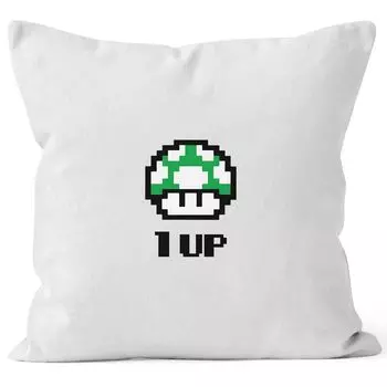 Наволочка на день рождения Ретро Pixel Mushroom 1-Up Mushroom Игровая консоль уровня Level-Up 90-е MoonWorks белый 40см x 40см