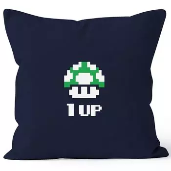 Наволочка на день рождения в стиле ретро Pixel Mushroom 1-Up Mushroom Игровая консоль уровня Up 90-е MoonWorks темно-синего цвета 40 см x 40 см