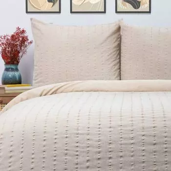 Наволочка пододеяльник постельное белье ТИАРЕЛЬ с льном бежевый с золотистыми полосками 200х220+2*50х60 см HOMLA