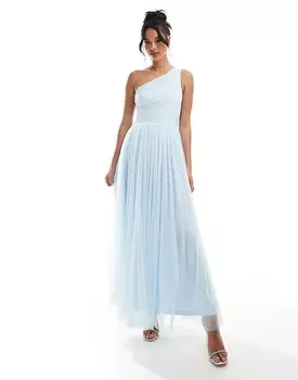 Небесно-голубое платье макси из тюля на одно плечо с кружевом и бусинами для подружки невесты
