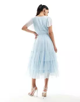 Небесно-голубое платье миди из тюля с v-образным вырезом и кружевом Bridesmaid Bridesmaid Madison