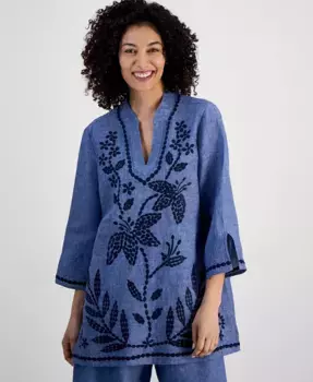 Небольшая вышитая льняная туника Charter Club, синий