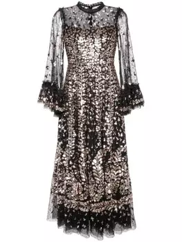 Needle & Thread пЛАТЬЕ ДО ЩИЛОТОК ИЗ ПАПОРОТНИКА, черный