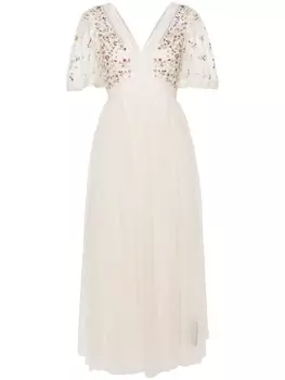 Needle & Thread платье Garland из тюля с цветочной вышивкой, нейтральный цвет