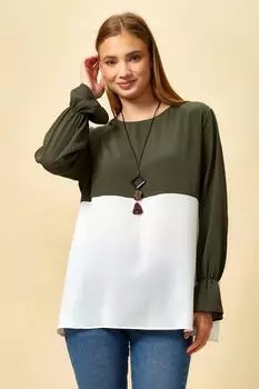 Негабаритная блузка с длинными рукавами и круглым вырезом в стиле колор-блок HOXTON GAL, хаки