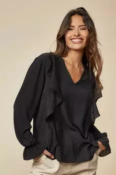 Негабаритная блузка с V-образным вырезом и оборками спереди. HOXTON GAL, черный