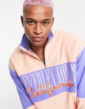 Негабаритная толстовка из полярного флиса с молнией до середины бедра ASOS DESIGN розово-синего цвета в стиле колор-блок с городской вышивкой ASOS DESIGN