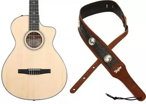 Нейлоновая электроакустическая гитара Taylor 312ce-N - комплект из натуральной ситхинской ели с гитарным ремнем Taylor Grand Pacific 3 дюйма - коричневый C302001303800032093=1 4121-30=1