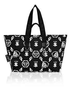 Нейлоновая большая сумка с монограммой Philipp Plein, цвет Black / White