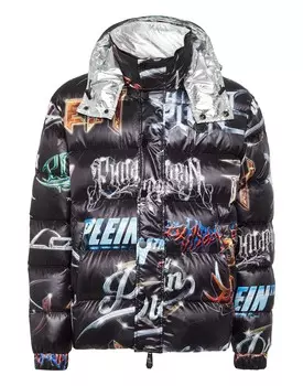 Нейлоновая куртка-пуховик с надписью Philipp Plein, черный
