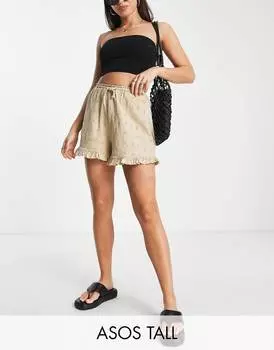 Нейтральные шорты ASOS DESIGN Tall с вышивкой, рюшами по краю и завязками на талии