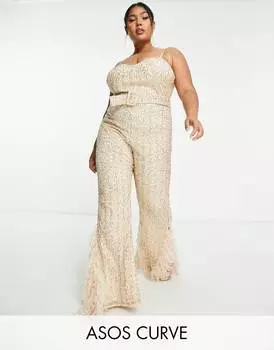 Нейтральный комбинезон с поясом и отделкой из искусственного пера ASOS LUXE Curve