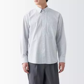 Немнущаяся рубашка на пуговицах с длинными рукавами MUJI, светло-серая клетка