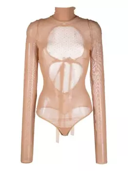 Nensi Dojaka сетчатый боди, украшенный кристаллами, нейтральный цвет